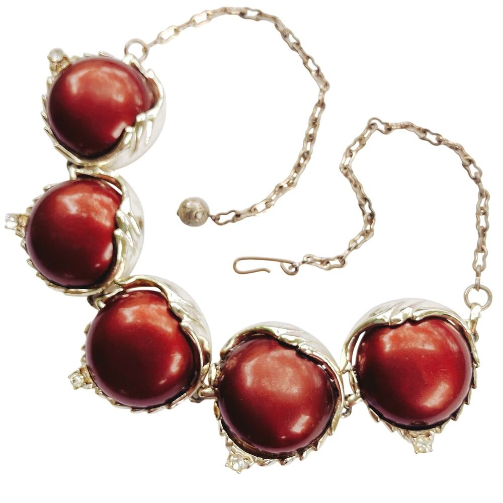 Vintage Mid Century Gold Tone Necklace Brown Cabochons Prong Set Rhinestones